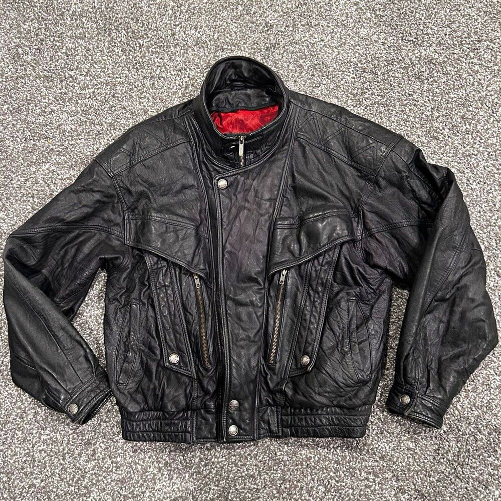 Vintage Wilsons Men's Black Motorcycle Jacket Size M Full Zip Stand-Up Collar